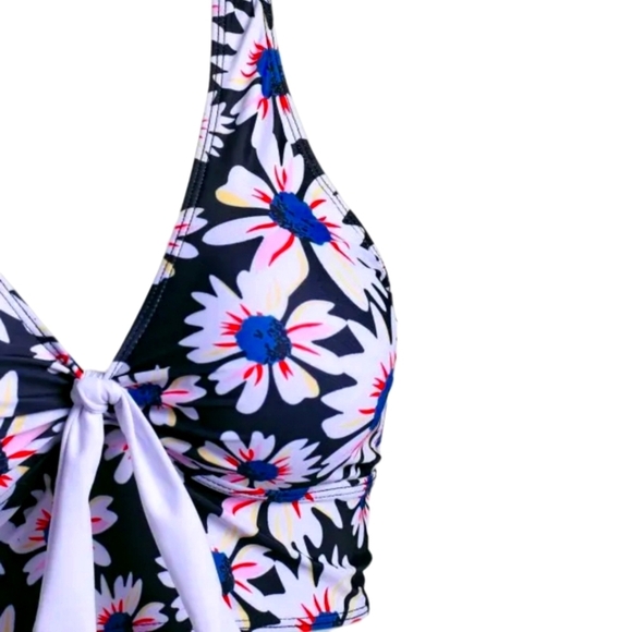 Criss Cross Bikini Set ✦ Floral Tankini Top + Striped High Waist Bottoms ✦ S NWT - Picture 3 of 12